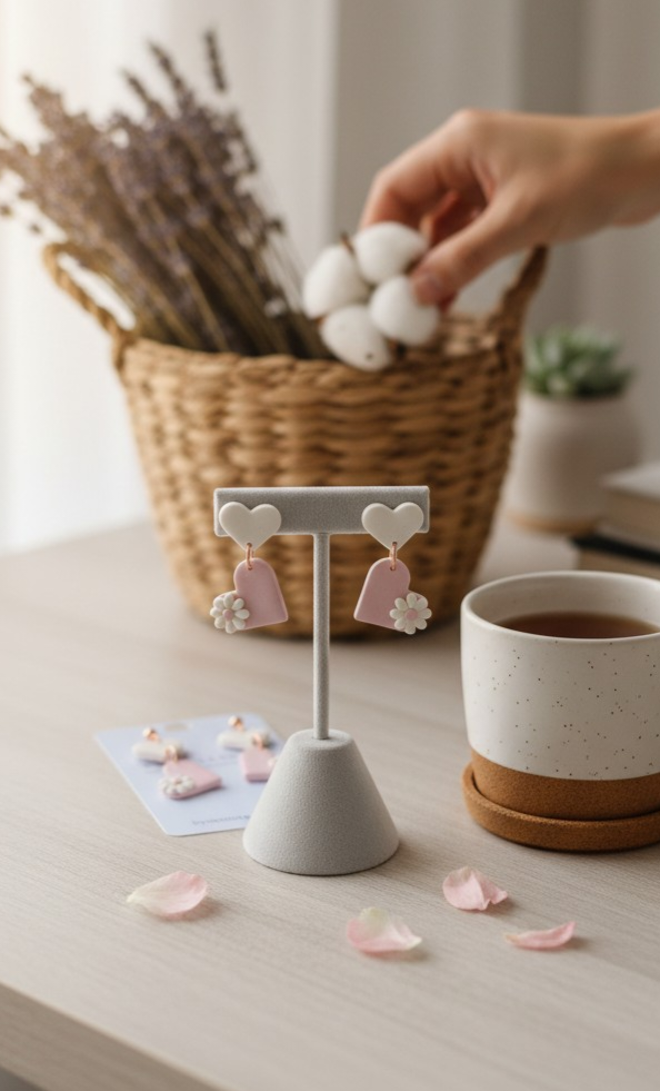 Heart Duo Floral Earrings - Pastel Pink