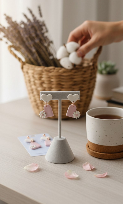 Heart Duo Floral Earrings - Pastel Pink