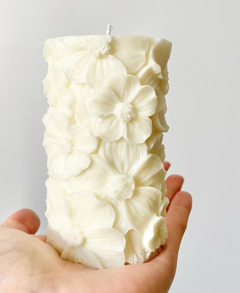 Tall White Soy Flower Pillar - Vanilla and Caramel