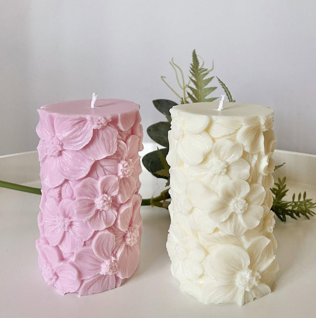 Tall White Soy Flower Pillar - Vanilla and Caramel