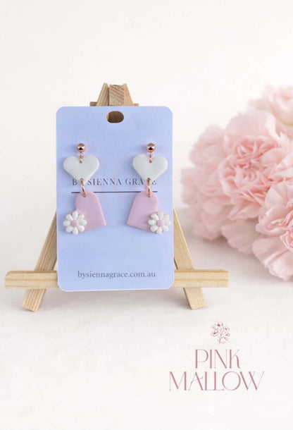 Heart Duo Floral Earrings - Pastel Pink