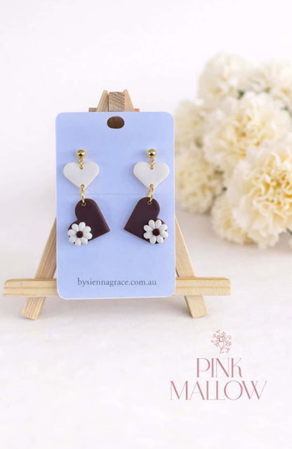 Heart Duo Floral Earrings - Earthy Brown